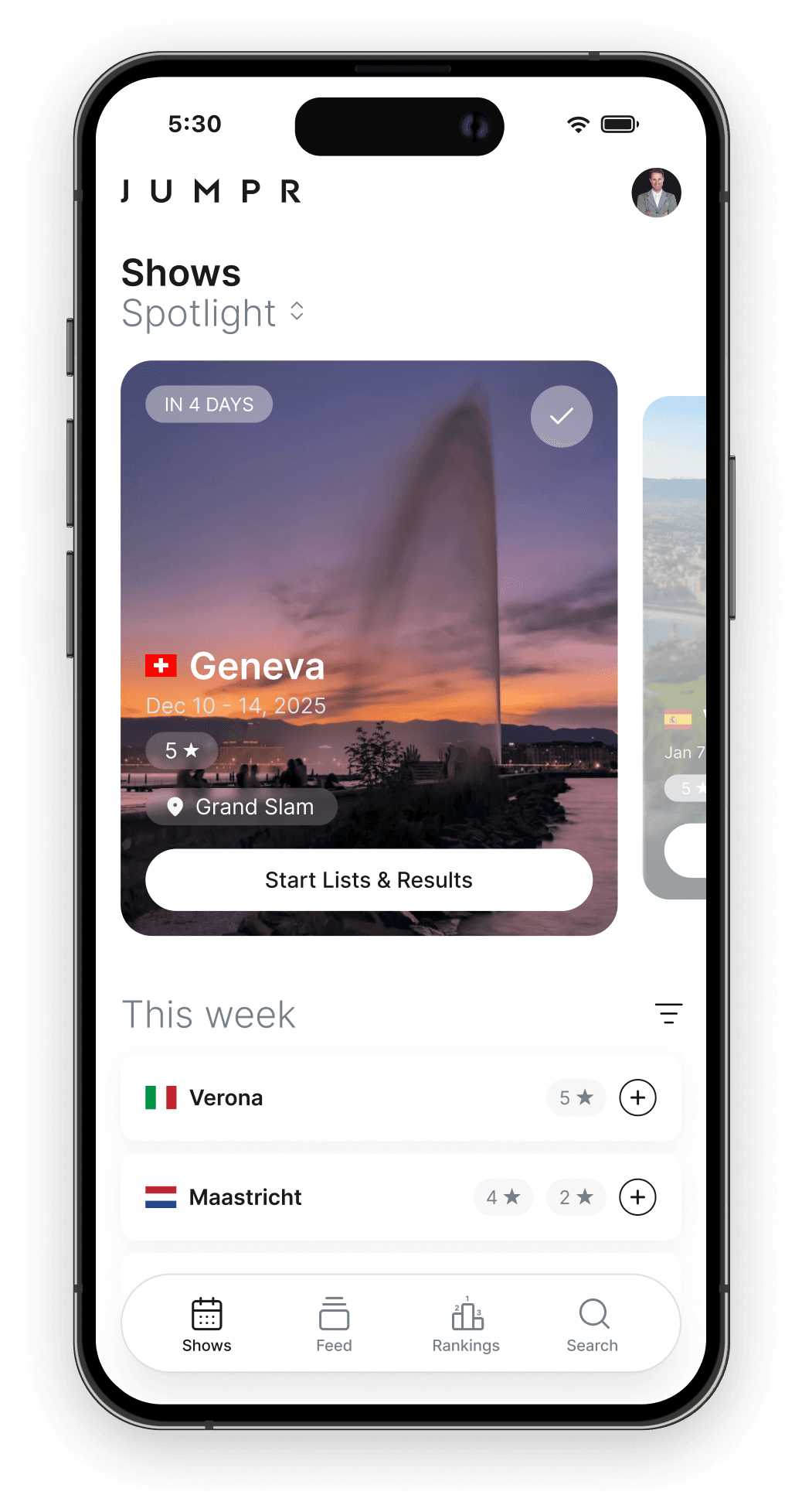 Jumpr app showing Shows screen